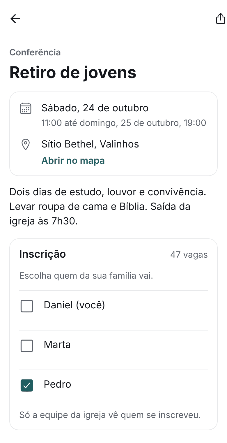 Um evento no aplicativo, com data, local e a família para escolher quem vai