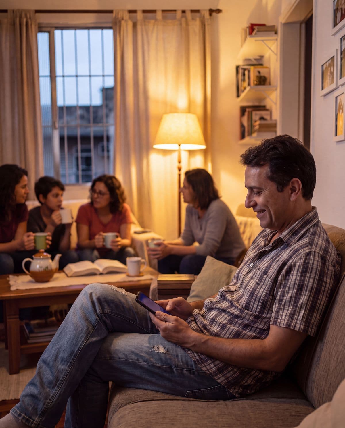 Um líder de célula olha o celular na sala de casa, com o grupo conversando ao fundo
